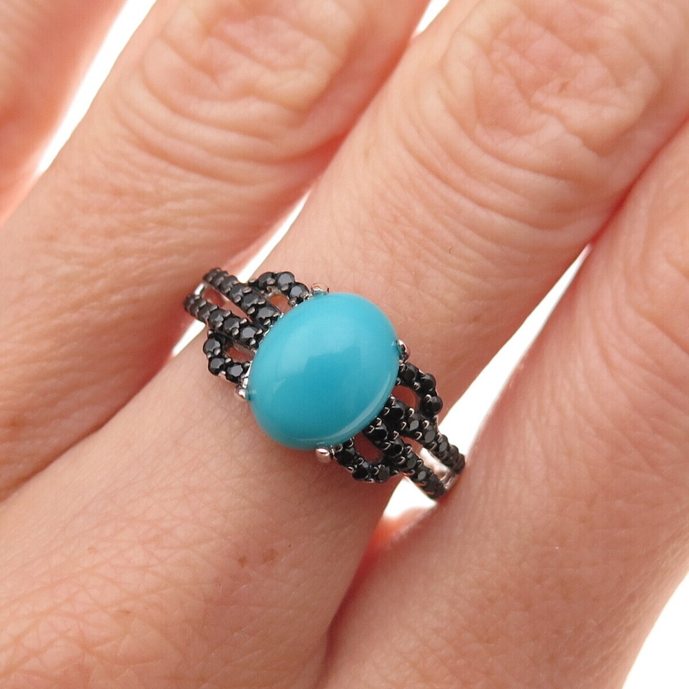 925 Sterling Silver Real Kingman Turquoise & Black Spinel Ring Size 8 - Picture 1 of 8